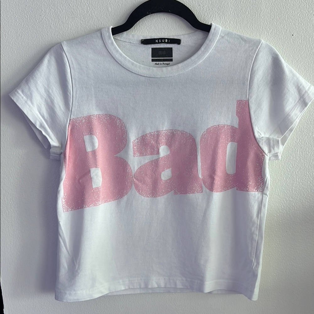 Ksubi White and Pink Short Sleeve Tee with Bold Graphic